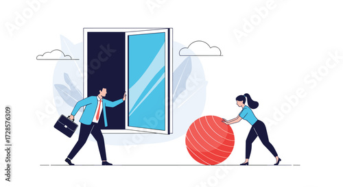 Business people push a red sphere towards an open doorway.