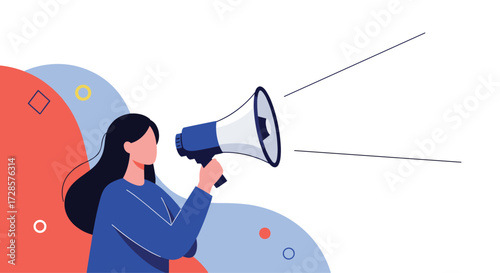 A person holding a megaphone announcing news or information with abstract shapes in the background.