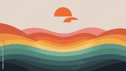Abstract retro landscape with wavy hills and a setting sun in warm earthy tones and muted colors