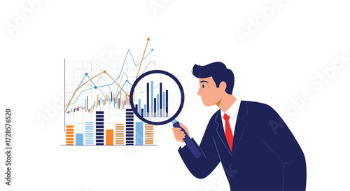 A businessman examines a financial chart through a magnifying glass.
