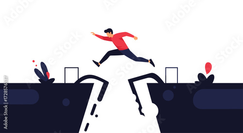 A person jumps over a gap in a style of hurdle race.