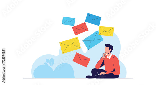 A person sits and ponders as emails fly all around him.