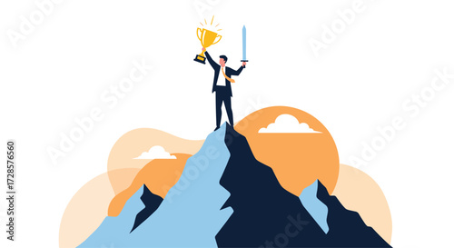 Businessman holding trophy and sword on mountain peak celebrating success.