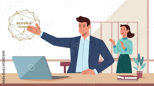 Man points to a complex geometric shape with the word eureka above it while a woman looks on in an office setting