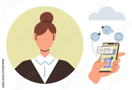 Woman profile with a smartphone displaying a verification code, surrounded by cloud and communication icons. Ideal for security, technology, online interaction, authentication, cloud service, data