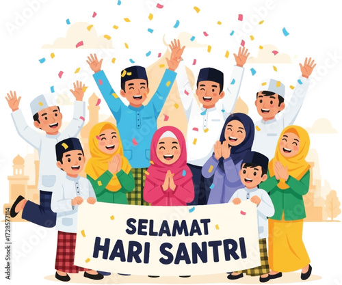 Illustration of a diverse group of Muslims celebrating Hari Santri with confetti and a banner.
