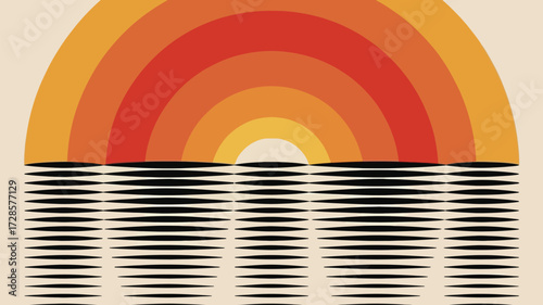 Abstract mid century modern rainbow arch over stylized rippling water surface minimalist retro design
