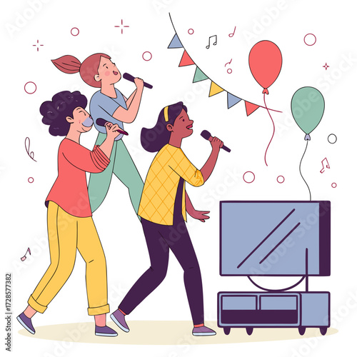 Fun group of cheerful friends singing songs into microphone at party. Happy people dancing together. Joyful singers at TV. Birthday celebration. Festive entertainment. Vector concept
