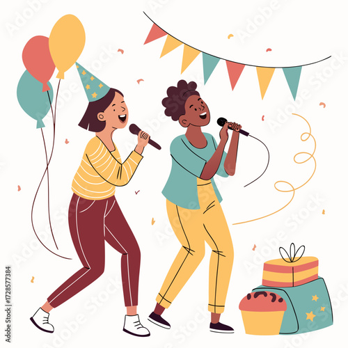 Fun group of cheerful friends singing songs into microphone at party. Happy people dancing together. Joyful singers at TV. Birthday celebration. Festive entertainment. Vector concept