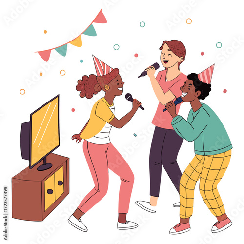 Fun group of cheerful friends singing songs into microphone at party. Happy people dancing together. Joyful singers at TV. Birthday celebration. Festive entertainment. Vector concept