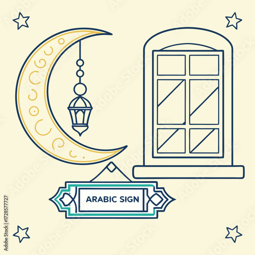 Crescent. Half moon in window. Arabic religion sign. Flat vector illustration.