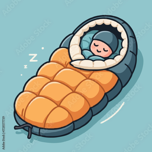 Cartoon character sleeping peacefully in an orange sleeping bag  