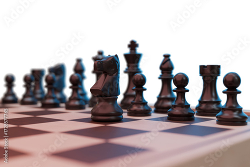 Close-Up of Black Chess Pieces on Board with transparent Background