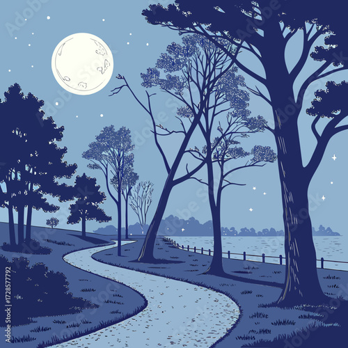 Serene nighttime park path under a full moon