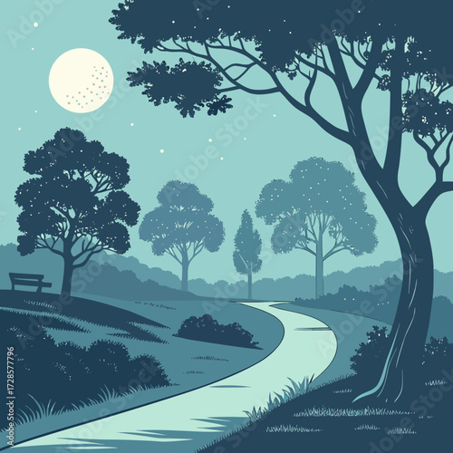 Serene nighttime park path under a full moon