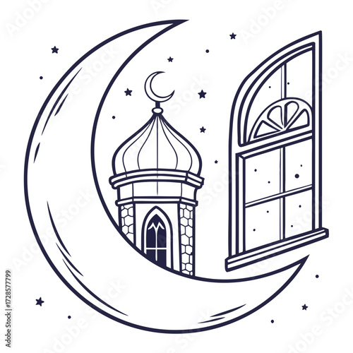 Crescent. Half moon in window. Arabic religion sign. Flat vector illustration.