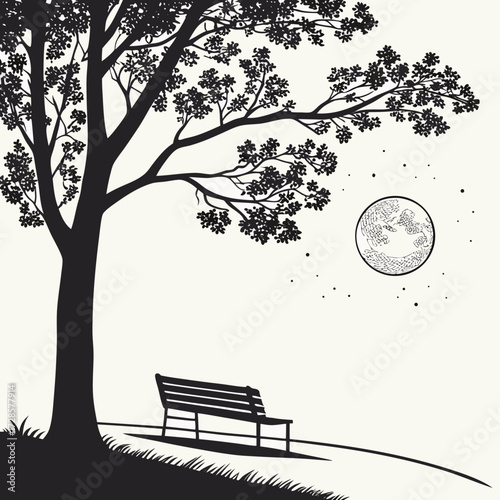 Minimilist illustration of a park bench under a tree with a full moon in a black and white drawing style scene vector