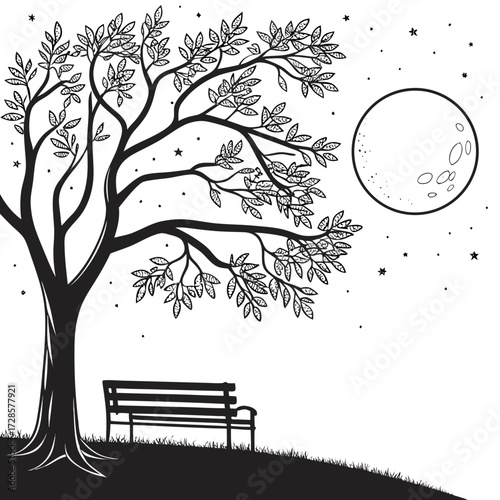 Minimilist illustration of a park bench under a tree with a full moon in a black and white drawing style scene vector