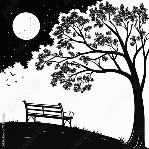 Minimilist illustration of a park bench under a tree with a full moon in a black and white drawing style scene vector