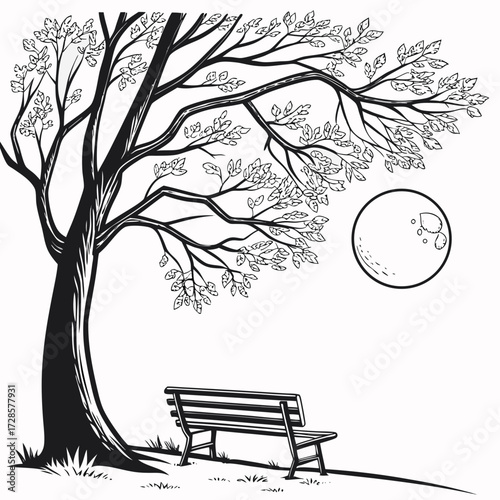 Minimilist illustration of a park bench under a tree with a full moon in a black and white drawing style scene vector