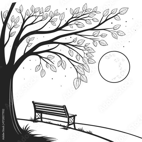 Minimilist illustration of a park bench under a tree with a full moon in a black and white drawing style scene vector