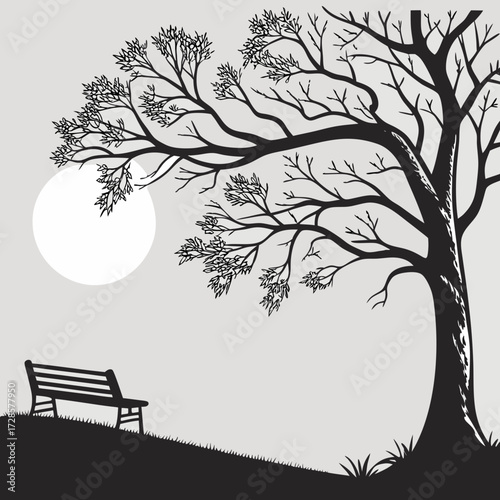 Minimilist illustration of a park bench under a tree with a full moon in a black and white drawing style scene vector