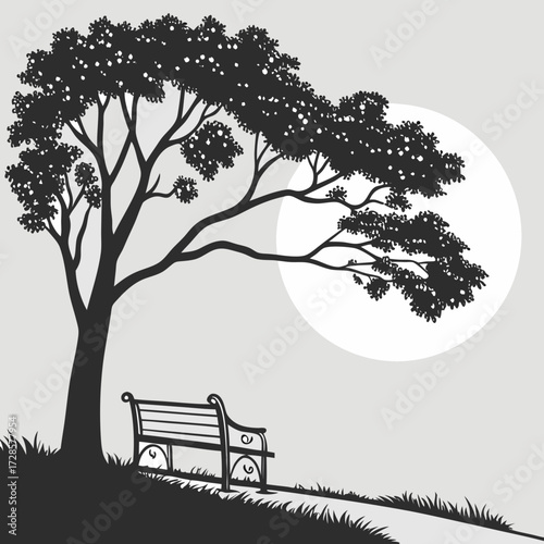 Minimilist illustration of a park bench under a tree with a full moon in a black and white drawing style scene vector
