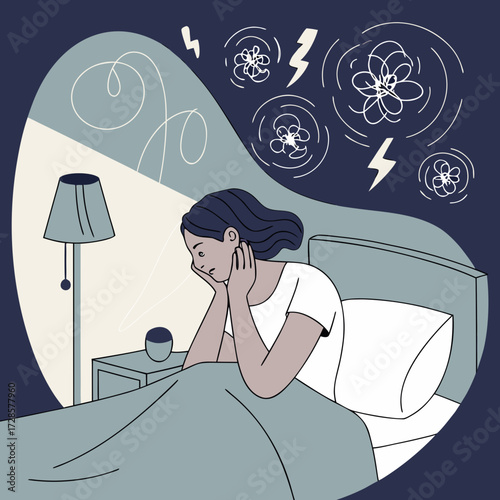 Sleepless Woman with Anxiety and Overthinking at Night, Mental Health Concept, Insomnia Illustration, Stress and Worry Vector Art, Depression Symptoms, Emotional Distress Graphic