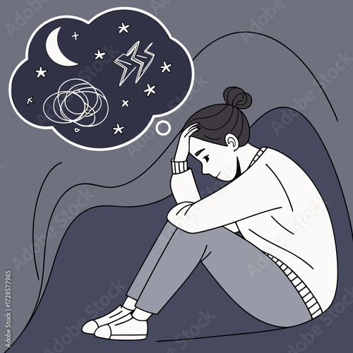 Sleepless Woman with Anxiety and Overthinking at Night, Mental Health Concept, Insomnia Illustration, Stress and Worry Vector Art, Depression Symptoms, Emotional Distress Graphic