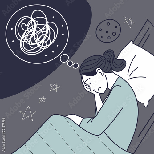 Sleepless Woman with Anxiety and Overthinking at Night, Mental Health Concept, Insomnia Illustration, Stress and Worry Vector Art, Depression Symptoms, Emotional Distress Graphic