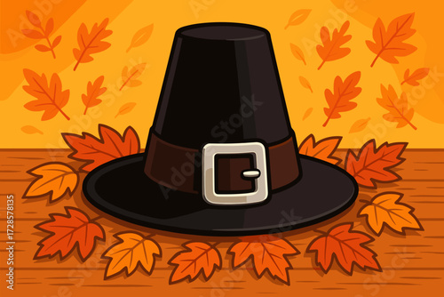 Pilgrim hat with a buckle placed on autumn leaves on a wooden background