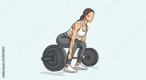 Illustration of a strong woman performing a deadlift exercise with a barbell for fitness