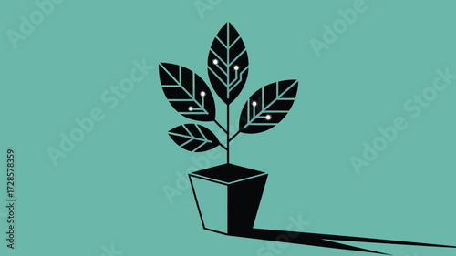 Stylized illustration of a potted plant with a long shadow symbolizing growth and development against a teal background