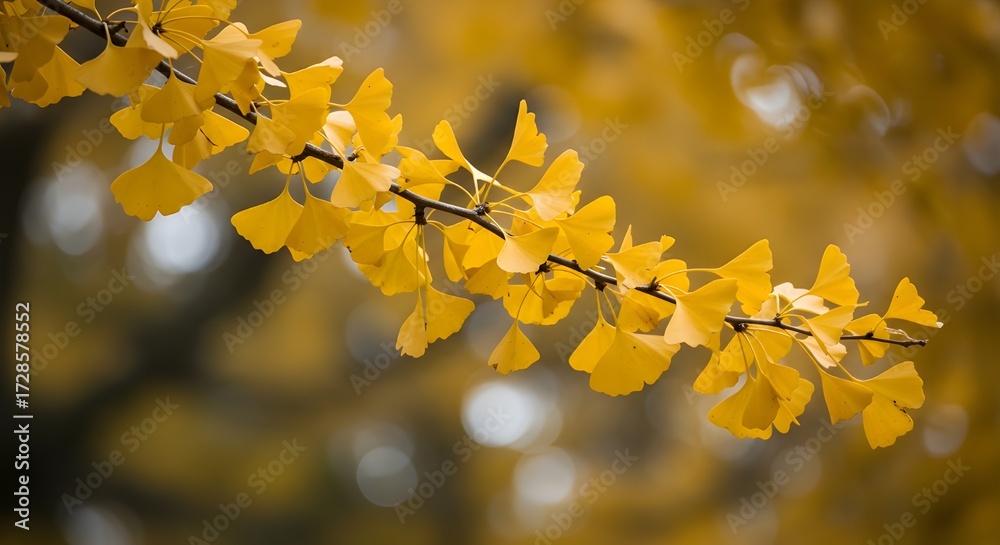 Obraz premium Yellow Ginkgo Leaves on a Branch with Soft Background