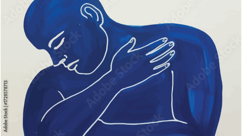 Abstract minimalist painting of a blue figure embracing itself with eyes closed in a moment of introspection and self comfort