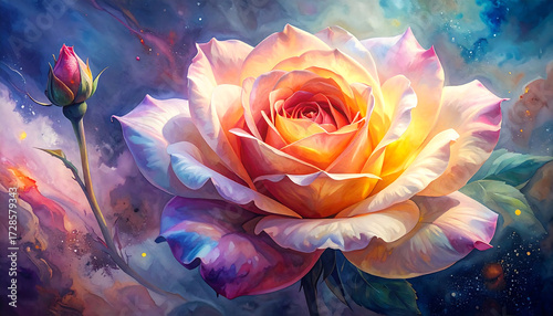 Vibrant rose with glowing petals, bud and dreamy cosmic background, soft light and warm color mood