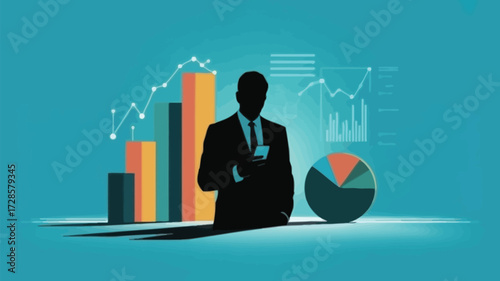 Silhouette of a businessman standing confidently amidst rising bar charts and a pie chart representing financial growth and data analysis