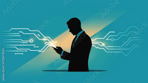 Silhouette of a businessman in a suit using a smartphone with glowing digital circuit board patterns emanating from the device against a teal background