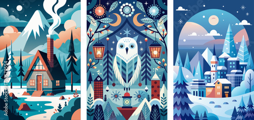A cozy cabin with smoke rising from the chimney, owl, Winter wonderland cityscape, minimalistic abstract designs