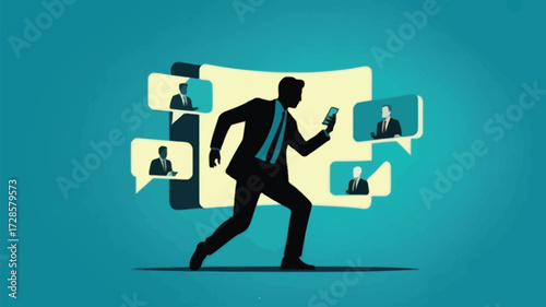 Silhouette of a businessman in a suit running while holding a smartphone with video call windows and speech bubbles in the background