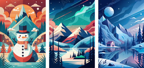 Snowman in a snowy park, Aurora Borealis, A quiet frozen lake with moonlight, wallpaper design