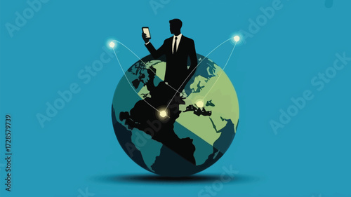 Silhouette of a businessman sitting on top of the earth holding a smartphone representing global connectivity and technology