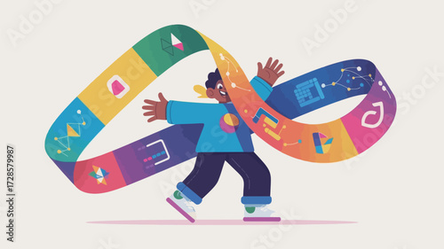 Joyful child with autism embraces a colorful infinity loop representing neurodiversity and acceptance with pride and celebration