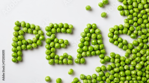 Close-Up of Creative Green Peas Arrangement Forming the Word 'PEAS' on a Pristine White Background, Symbolizing the Importance of Healthy, Nutritious, and Environmentally Friendly Food Choices