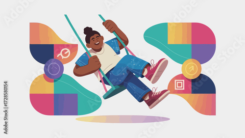 Joyful young black woman with braided hair swinging on a swing set with colorful abstract shapes in the background
