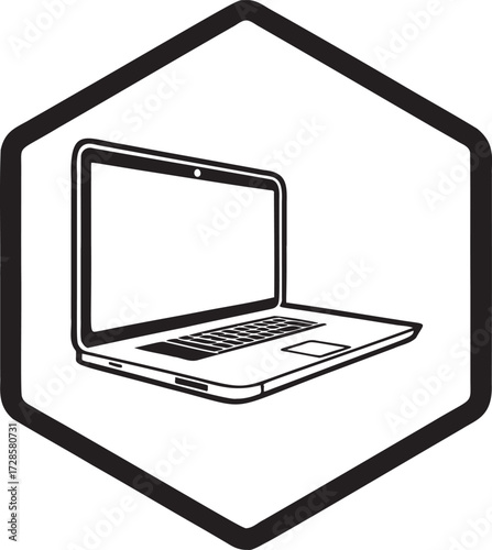 Black and white icon of an open laptop inside a hexagon outline computer technology