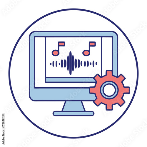 Music production icon featuring computer screen with sound wave and gear symbol 