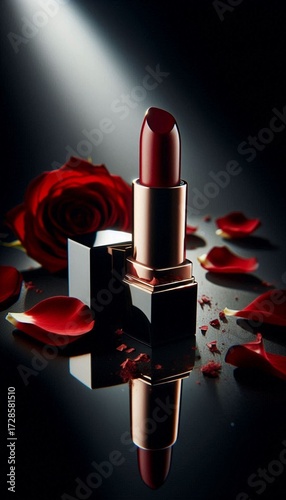A designer lipstick with a velvet red tip, standing upright on a reflective black acrylic surface, surrounded by broken rose petals, atmospheric light vignette and sharp, high-contrast highlights
