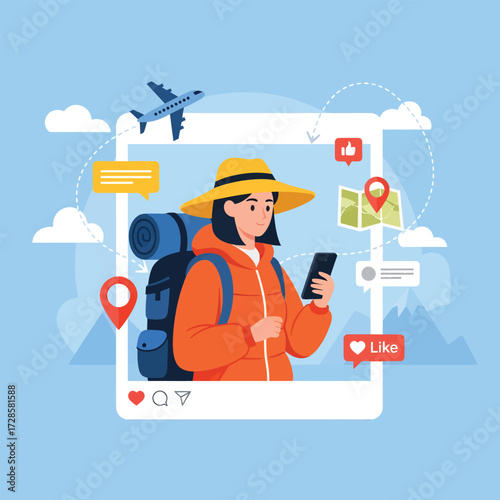 Adventurous traveler planning an exciting journey using a smartphone with map and social media icons, dreaming of new destinations.