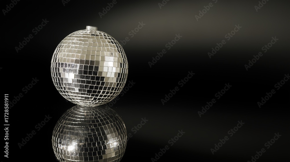 Fototapeta premium disco. Shiny disco ball reflecting sparkling lights against a dark backdrop, creating a festive atmosphere. lifestyle magazines.
